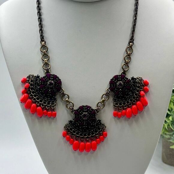 J. CREW Fan Fringe Flower Purple Orange Gold Tone Statement Bib Necklace - Picture 1 of 16